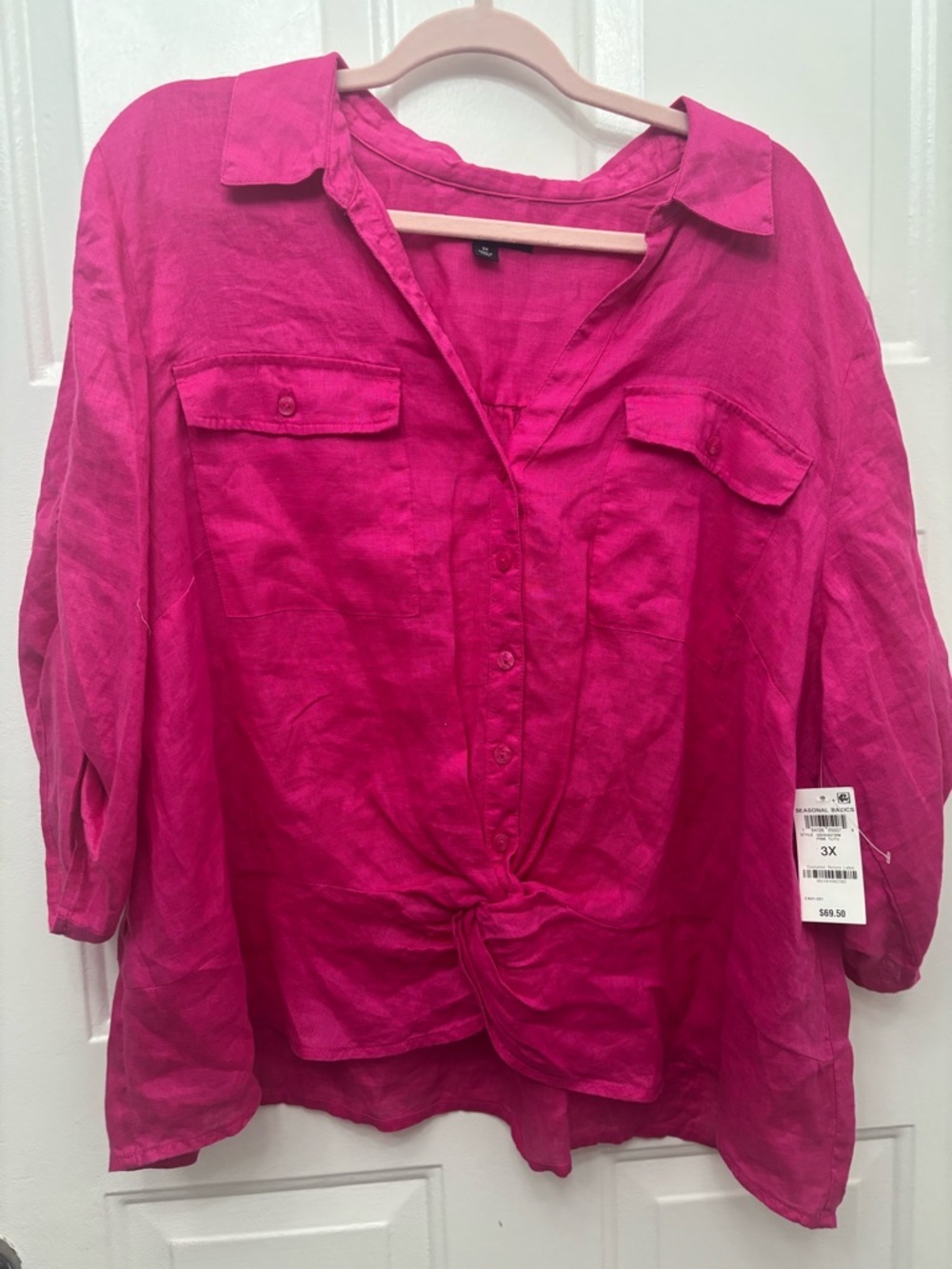 INC International Concepts 100% Linen Fuchsia Button-Front Tie-Hem Shirt